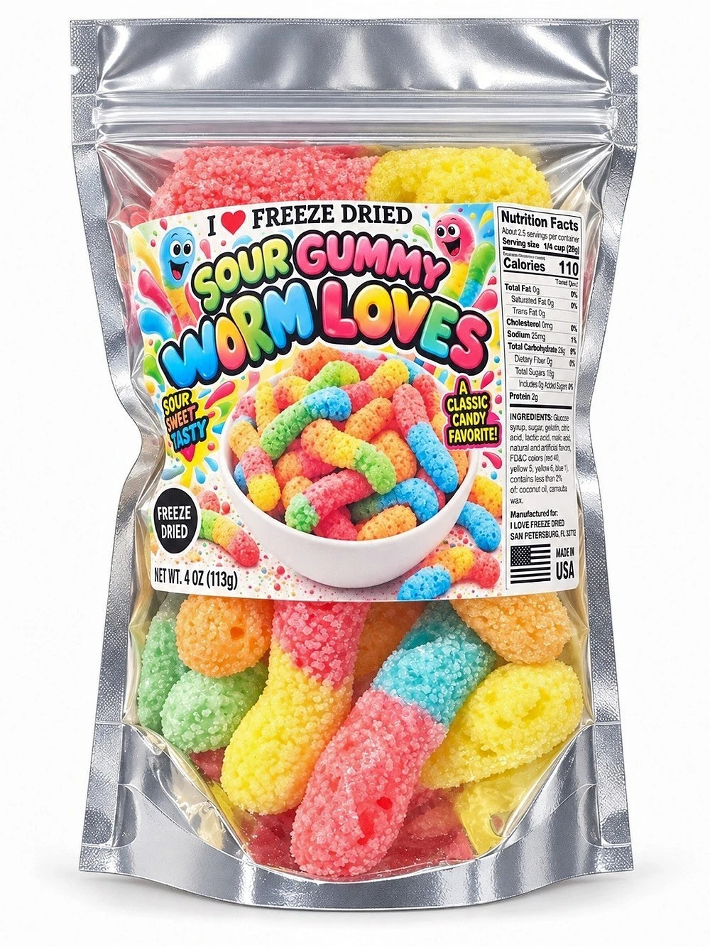I Love Freeze Dried Sour Gummy Worm Loves